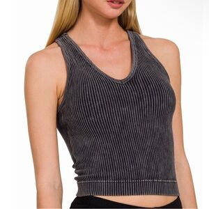 Zenana Washed Ribbed Seamless Padded Crop Tank Size S/M
